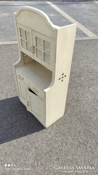 Antique old 83 cm high wooden toy kitchen furniture sideboard with complete equipment and shelves, perhaps exam work