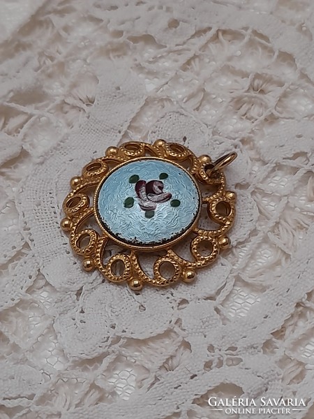 Copper pendant, enamel medallion, 3 cm