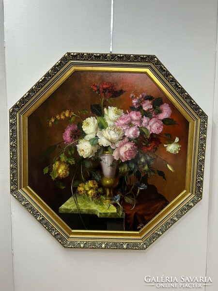 József Fürst signed, framed 8-angled oil still life in a 100 cm decorative frame