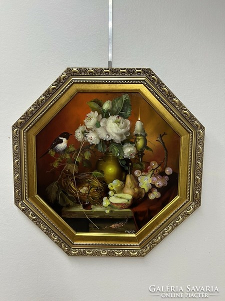 József Fürst signed, framed 8-angled oil still life 60 cm in a decorative frame