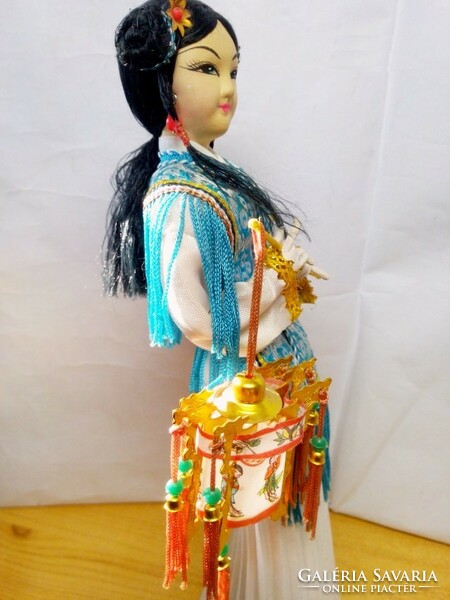Geisha doll with lantern, standing doll in exotic folk costume from Japan