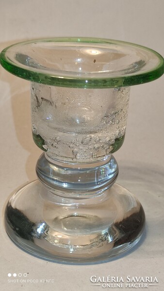 A rare color! Eisch marked bubble glass candle holder with green rim