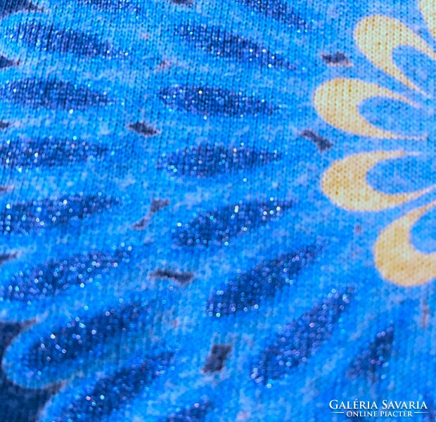 100% pamut Desigual szép kék ezüst hímzett csillámos mandalás virágos női felső póló blúz M