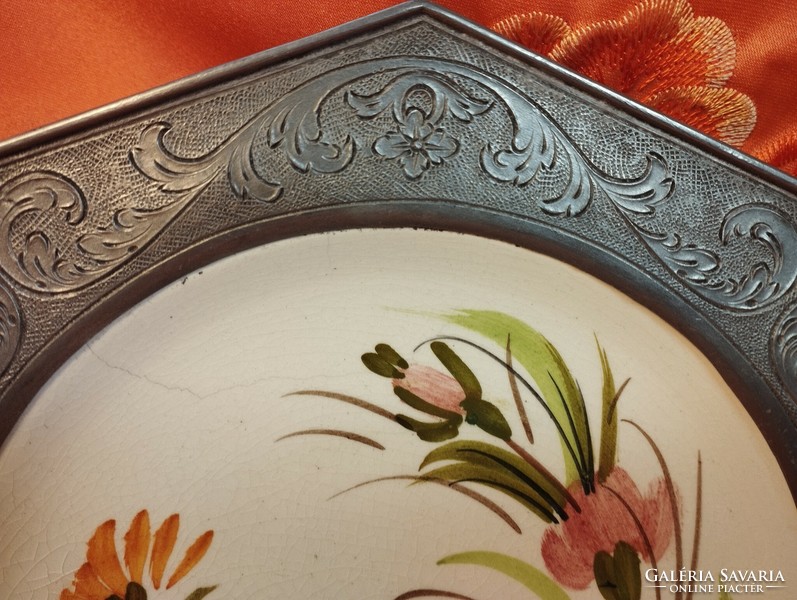 Antique Italian ceramic plate in a pewter frame