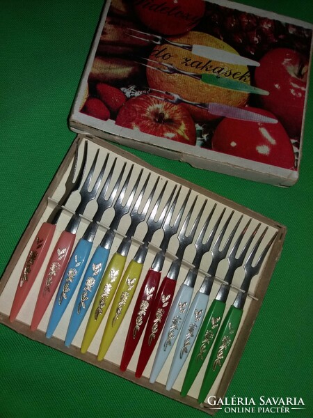 Retro kgst cult product colorful appetizer fork set, complete, with box, 12 pieces as shown in the pictures
