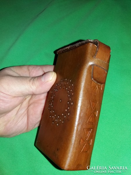 Old Polish leather decorated leather hardened cigarette case for long 100-120 threads 12x7cm perfect