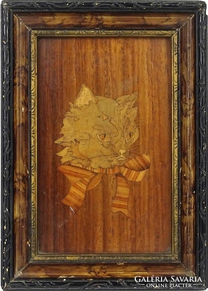 1Q715 old framed cat marquetry picture 20.5 X 14.5 Cm