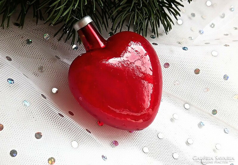 Régi üveg szív karácsonyfa dísz 7cm