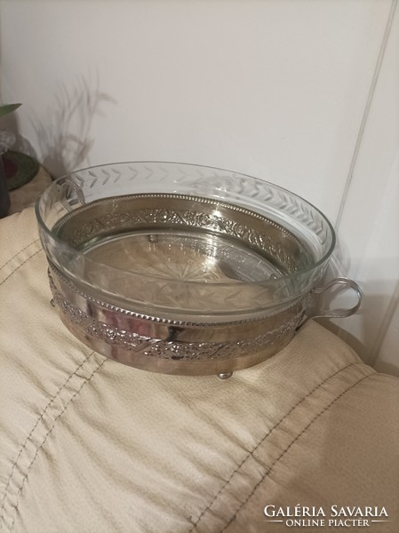 Metal bowl with glass insert, centerpiece, serving bowl,
