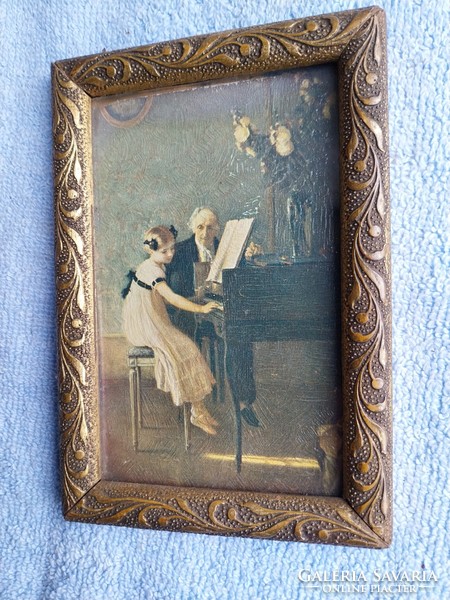Postcard with an oil painting pattern (j.A. Meunier's first piano lesson)