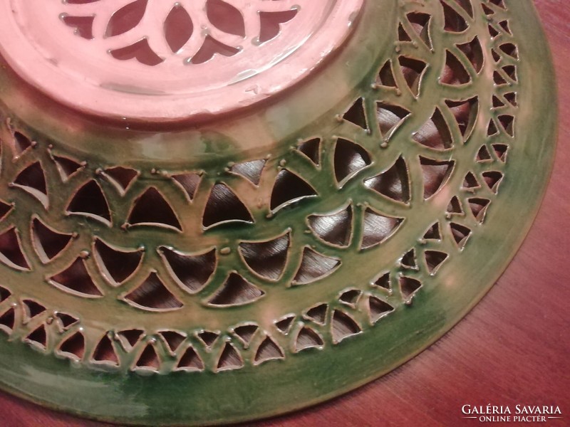 Lassú imre ceramicist - large openwork green wall plate, decorative plate