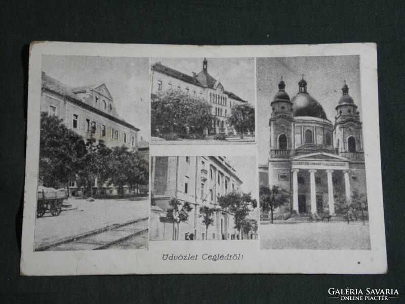Képeslap, Cegléd, mozaik részletek,Székesegyház,városháza,iskola ,1940-50