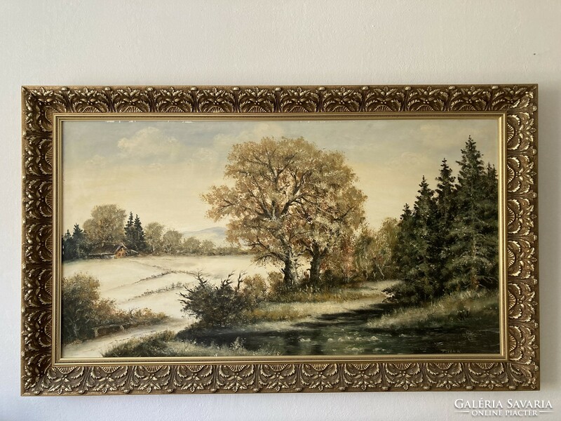 Feith Károly: Tájkép, házzal (123 x 73 cm) - olaj/farost technikával