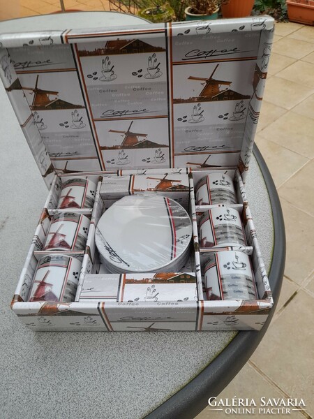 Porcelán  Espreso, kávéskészlet,MALOM MINTÁVAL, ajándék dobozban