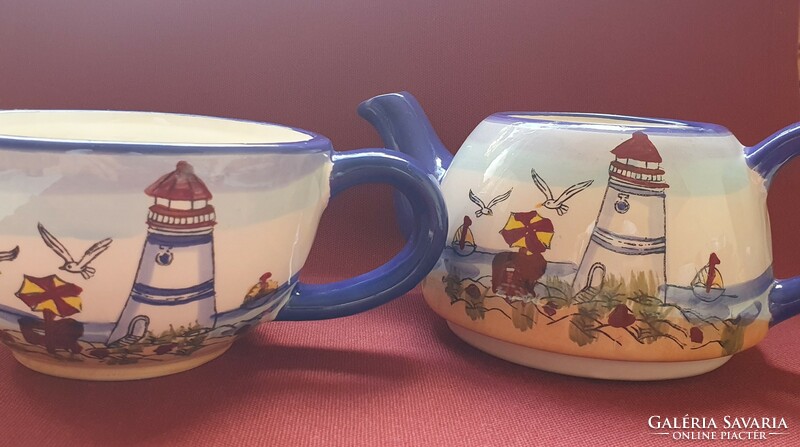 Porcelain ceramic tea mug cup jug coastal pattern luminous tower seagull