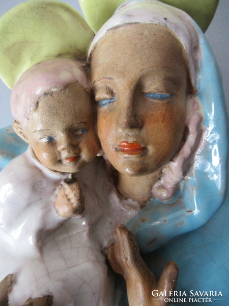 Antique, art deco wall ceramic, Mary and little Jesus (Szécs, 1930s)