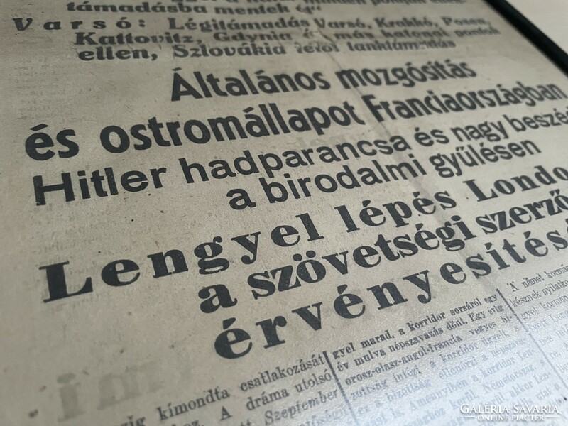 1939 szeptember 2., a második világháború kitörésének másnapja, keretezett újság