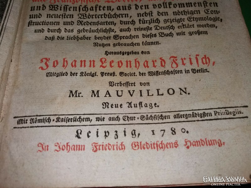 1780.﻿ antik Johann Leonhard Frisch-Jakob Mauvillon : Német-Francia gótbetűs szótár a képek szerint