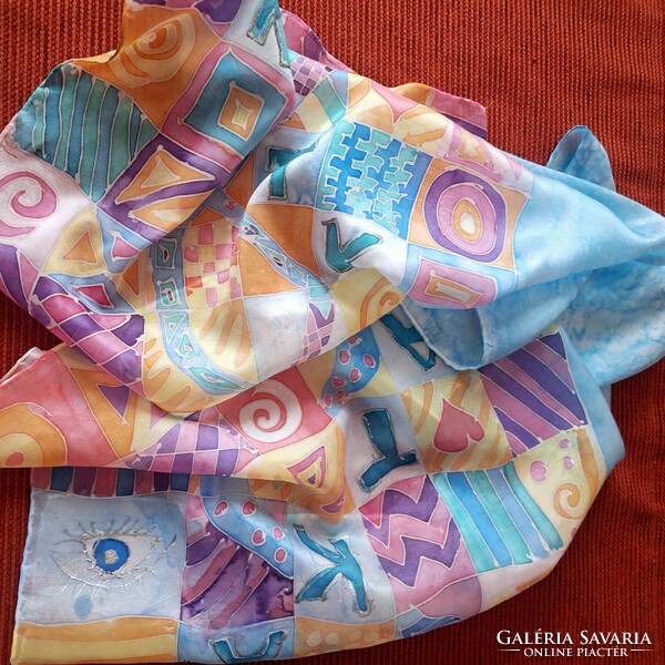Colorful 100% silk scarf, hand-painted, hand-stitched, katka inscription