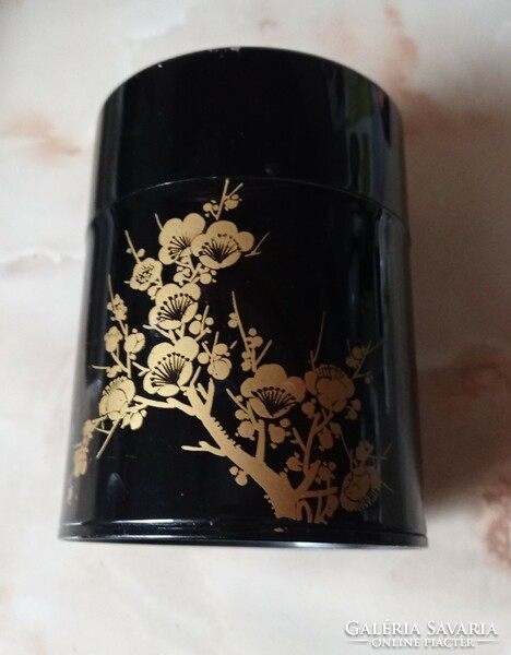 Black lacquered metal box with oriental pattern