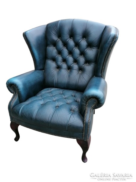 Chesterfield blue winged armchair with footrest