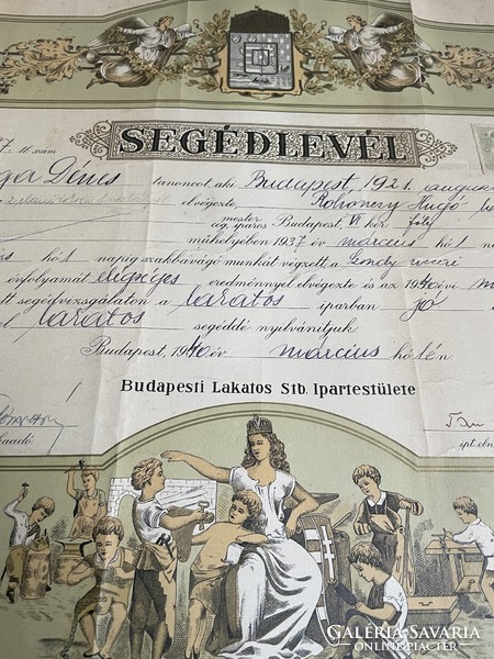 1940, Budapest, locksmith assistant letter, certificate, diploma