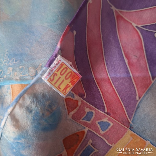 Colorful 100% silk scarf, hand-painted, hand-stitched, katka inscription