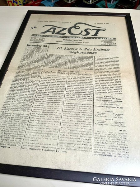 1916, IV. Coronation of Károly, the last Hungarian king, newspaper, the evening, in a frame