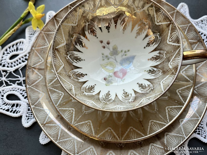 Wonderful collectible art deco gilded Bavarian breakfast tea cup set, trio
