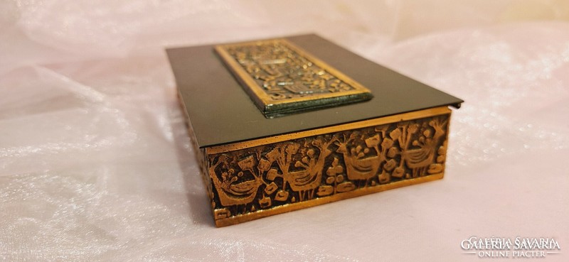 Industrial red copper decorated box with wooden inlay.