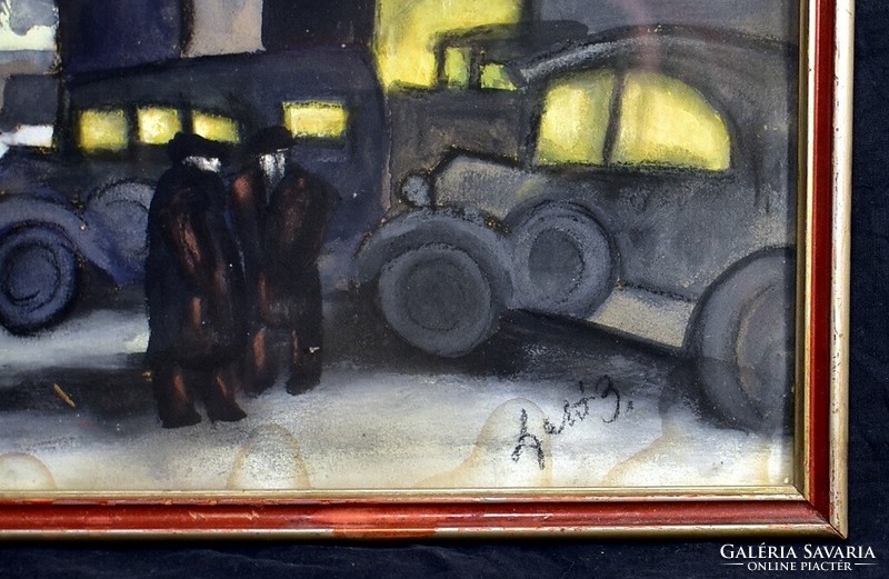 1930 Around a Hungarian painter: parked cars at night in Pest