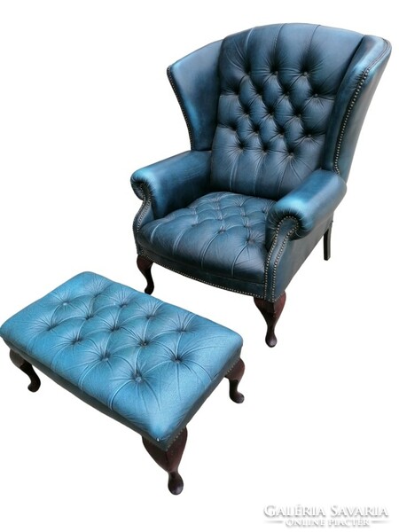 Chesterfield blue winged armchair with footrest