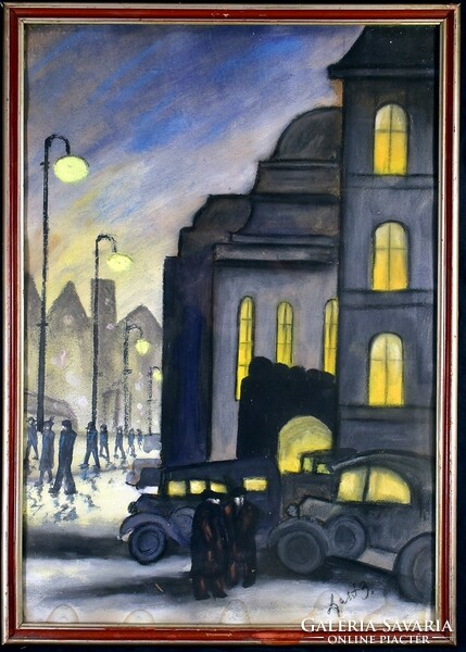 1930 körül magyar festő: PARKOLÓ AUTÓK A PESTI ÉJSZAKÁBAN