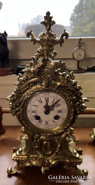 Antique baroque-style copper chiseled, half-baked mantel clock