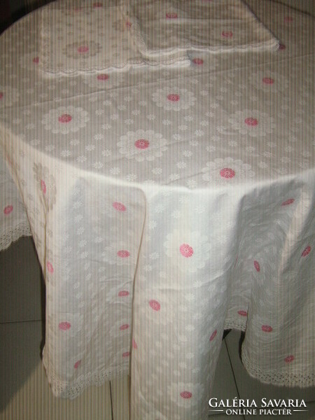 Embroidered lace silk damask tablecloth with 2 napkins in its beautiful material