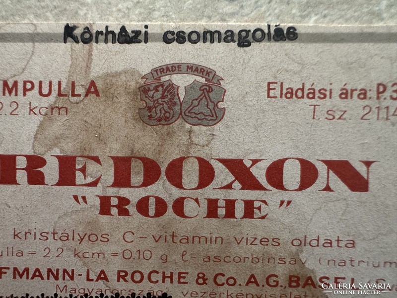 Redoxon “Roche” korházi csomagolás, ára Pengőben megadva