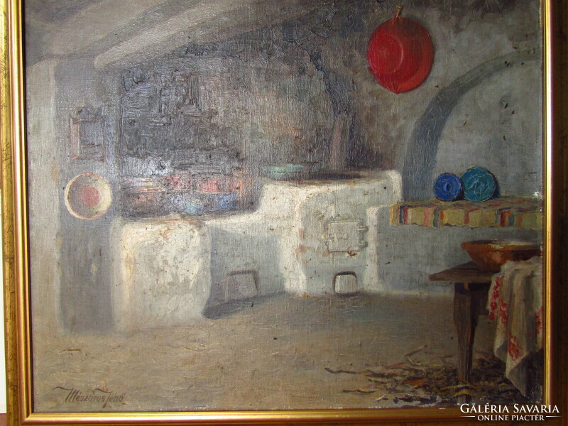 Mészáros Jenő (1883 - ) "Békési füstös konyha" olaj-vászon csendélet, 58 x 68 cm.