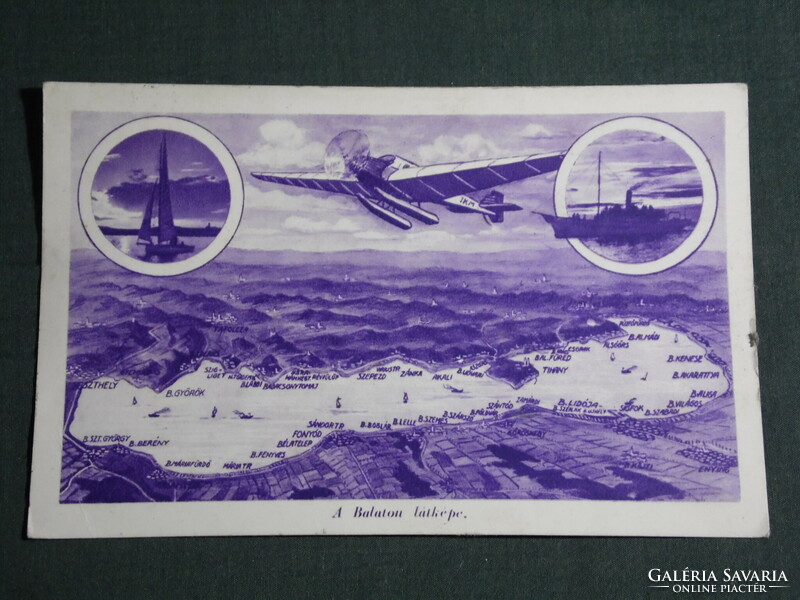 Képeslap,Postcard, The Balaton, grafikai térképes,települések,hidroplán,repülő,hajó,1940