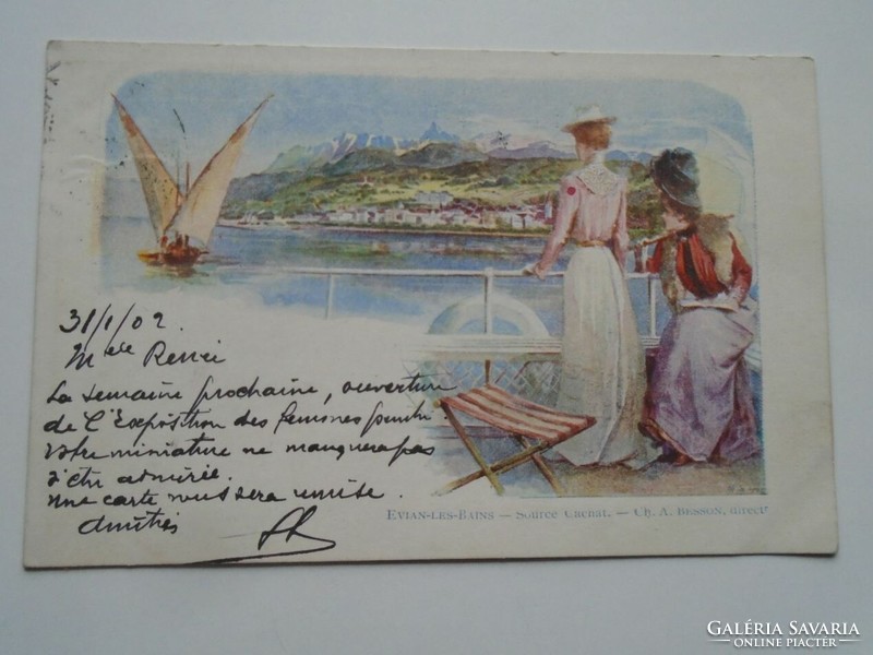 D201718 Francia Alpok  -Evian Les bains - 1902  Hölgyek  hajókáznak a tavon (Lac Léman) 1902