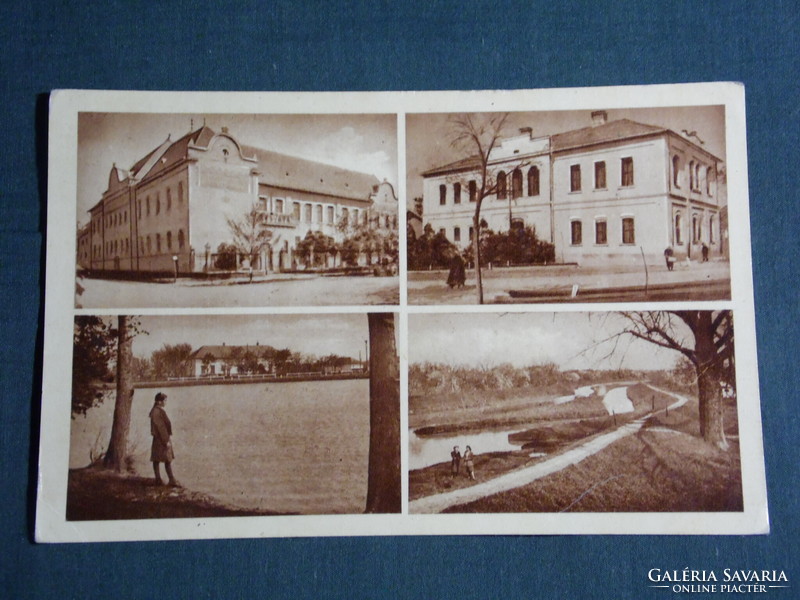 Képeslap, Tápiógyörgye, mozaik részletek,iskola, tanácsháza,látkép 1950
