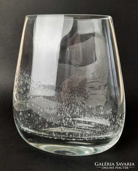 Scandinavian vintage cast glass vase with irregular bubbles, elegant, flat shape
