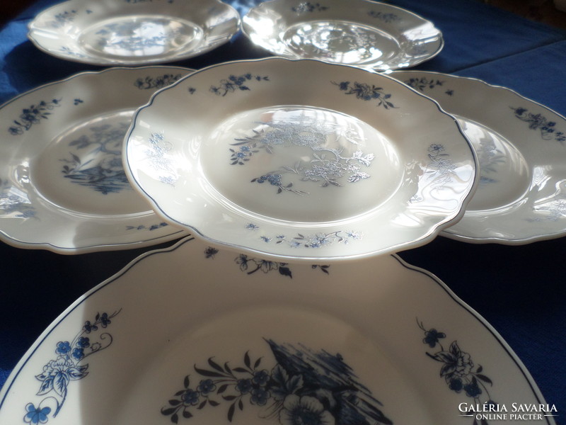 New! Six cake plates with a blue flower pattern, milk glass, Jena Arcopal France