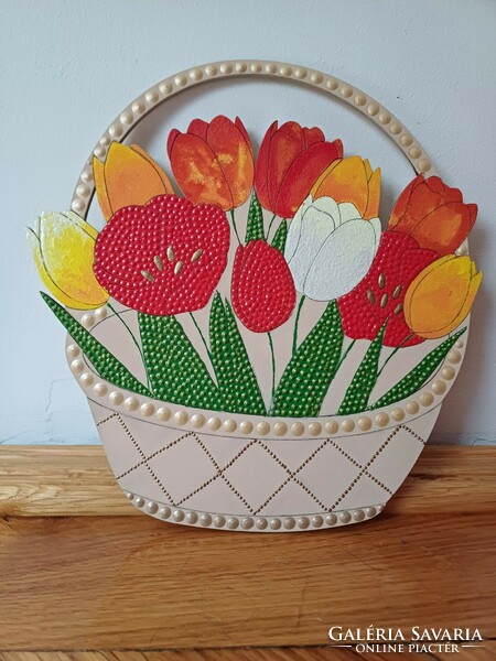 New! Red poppies and tulips in a basket, hand painted, 21x19cm