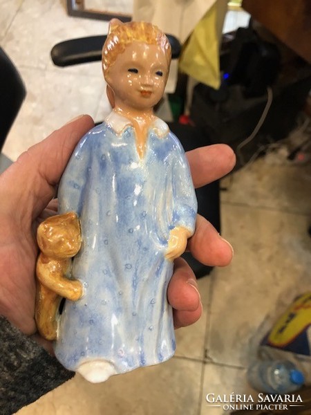 Ceramic figurine of a little girl in old pajamas with a bear, 17 cm.