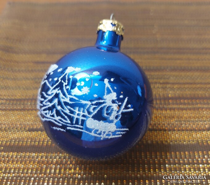 Old glass Christmas tree ornament blue painted sphere retro glass ornament Santa pattern