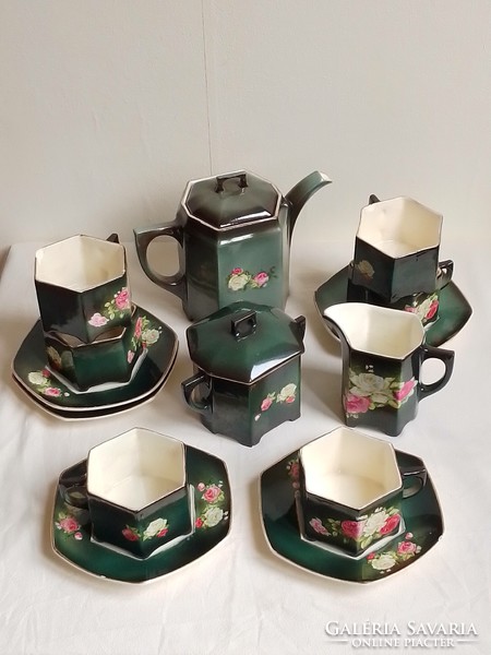 Antique Old Czech Art Nouveau Earthenware Ceramic Tea Set Cup Jug Sugar Bowl Milk Pourer Pink
