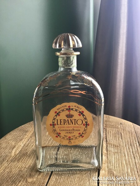 Old Spanish lepanto liqueur glass bottle, butella with gilded decoration