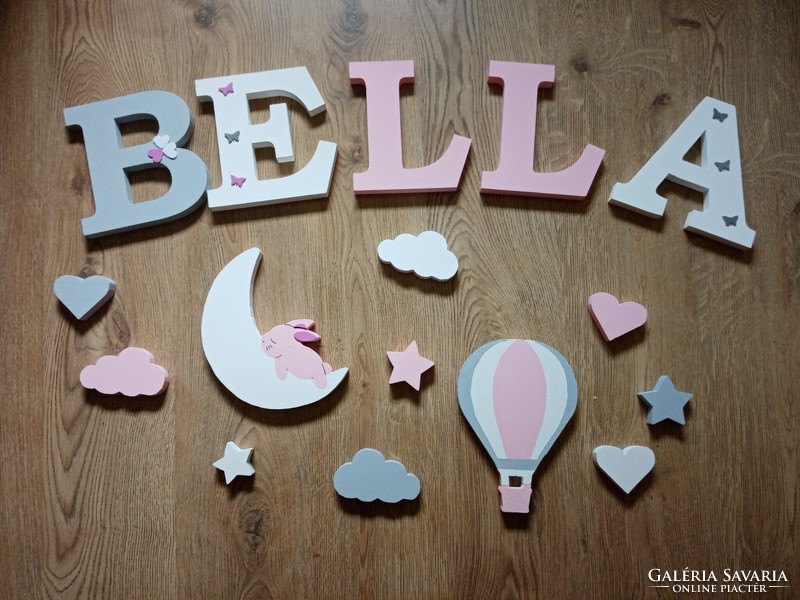 Nyuszis-hőlégballonos dekorbetű szett, bababetű, név, felirat, dekoráció, babaszoba, gyerekszoba