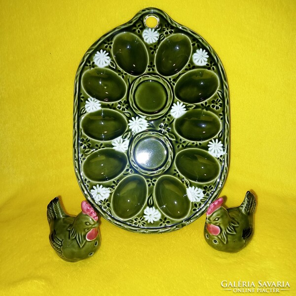 Egg holder, egg offering bowl + 2 chick salt and pepper shakers. Ceramics.