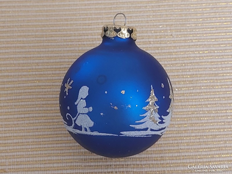 Old glass Christmas tree ornament blue painted sphere retro glass ornament with little girl sled pattern